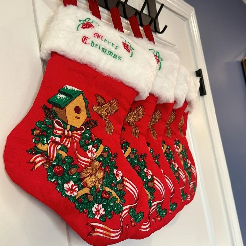Vintage Christmas stockings Merry Christmas written, birdhouse, birds and ribbon